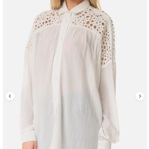 IRO Boho Eyelet Oversised Peasant Relaxed Semi-sheer  Long Buttoned Blouse